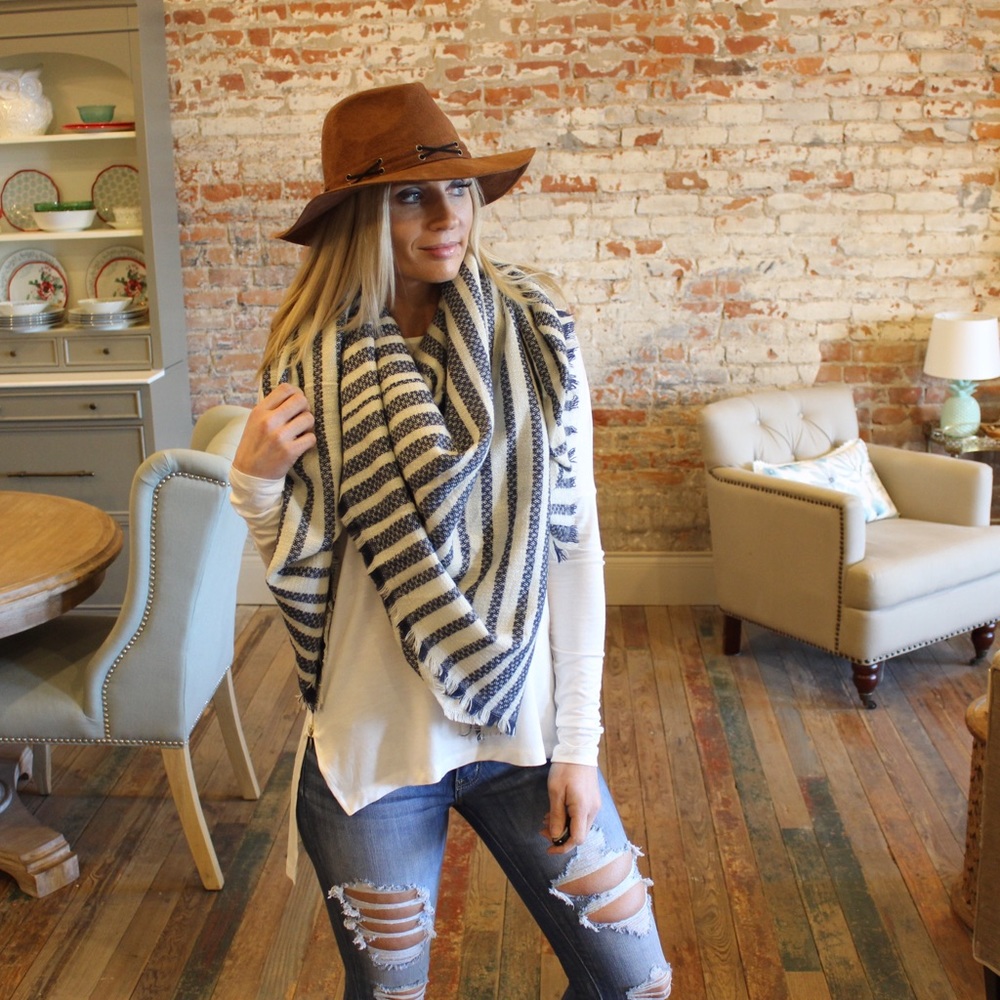 Navy and taupe stripe blanket scarf - Picture 2 of 2